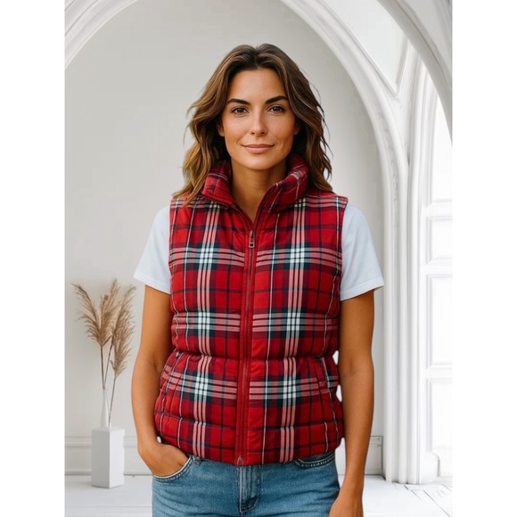 Lands' End Women's Red Plaid Puffer Vest Sleeveless Warm Casual Fall Winter S - Picture 1 of 9